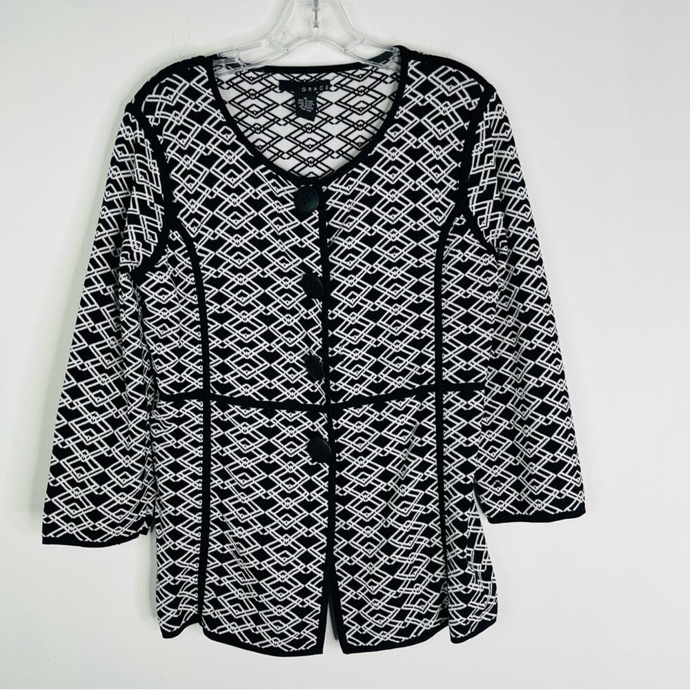 Grace black white knit geometric sweater cardigan preppy medium